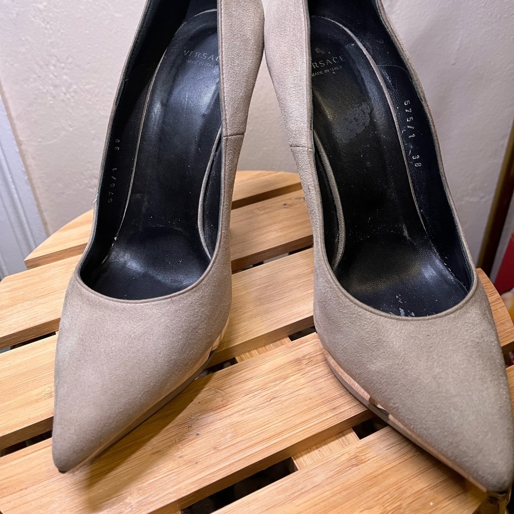 Taupe suede silver platforms